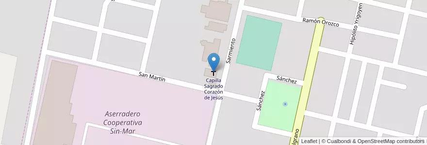 Mapa de ubicacion de Capilla Sagrado Corazón de Jesús en アルゼンチン, リオネグロ州, Departamento General Roca, Municipio De General Enrique Godoy, General Enrique Godoy.