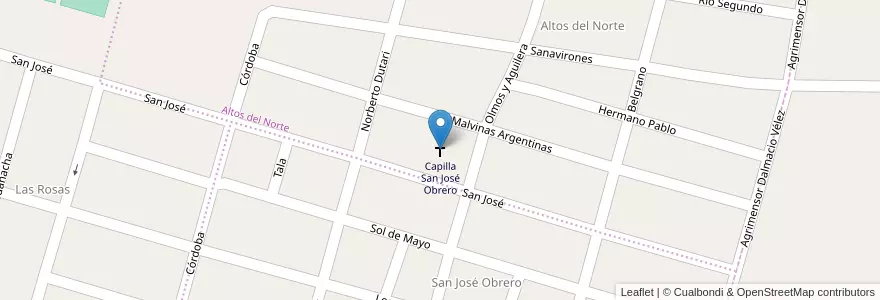 Mapa de ubicacion de Capilla San José Obrero en آرژانتین, Córdoba, Departamento Río Segundo, Pedanía Villa Del Rosario, Municipio De Villa Del Rosario.