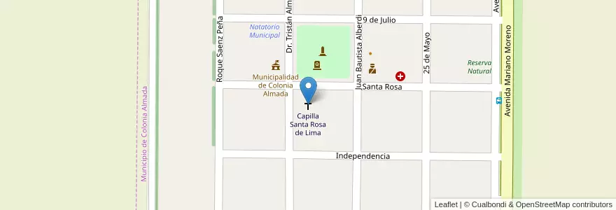 Mapa de ubicacion de Capilla Santa Rosa de Lima en Arjantin, Córdoba, Departamento Tercero Arriba, Pedanía Capilla De Rodríguez, Municipio De Colonia Almada.