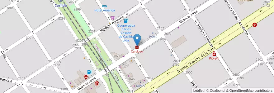 Mapa de ubicacion de Cardoso en Arjantin, Santa Fe, Departamento Caseros, Municipio De Casilda, Casilda.