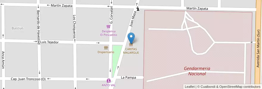 Mapa de ubicacion de CÁRITAS MALARGUE en Argentine, Chili, Mendoza, Departamento Malargüe, Distrito Ciudad De Malargüe.