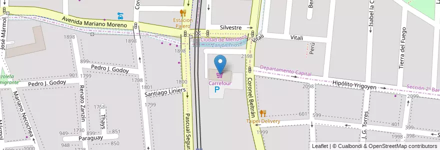 Mapa de ubicacion de Carrefour en Arjantin, Mendoza, Şili, Godoy Cruz, Departamento Capital, Distrito Ciudad De Godoy Cruz, Ciudad De Mendoza.