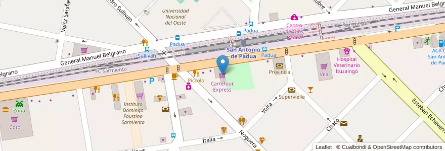 Mapa de ubicacion de Carrefour Express en アルゼンチン, ブエノスアイレス州, Partido De Merlo, San Antonio De Padua.
