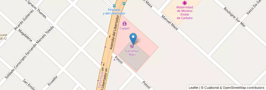 Mapa de ubicacion de Carrefour Maxi en Arjantin, Buenos Aires, Partido De Moreno, Trujui.