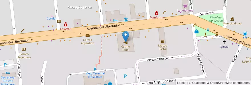 Mapa de ubicacion de Casino Club en アルゼンチン, マガジャネス・イ・デ・ラ・アンタルティカ・チレーナ州, チリ, サンタクルス州, El Calafate, Lago Argentino.