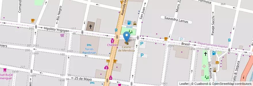 Mapa de ubicacion de Casino de Mendoza en الأرجنتين, Mendoza, تشيلي, Godoy Cruz, Departamento Capital, Distrito Ciudad De Godoy Cruz, Ciudad De Mendoza.