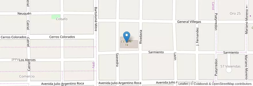 Mapa de ubicacion de C.E.M. Nº 14 en 아르헨티나, 칠레, 리오네그로주, Municipio De General Fernández Oro, Departamento General Roca, Fernández Oro.