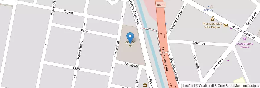Mapa de ubicacion de CEM Nº 70 en アルゼンチン, リオネグロ州, Departamento General Roca, Villa Regina.