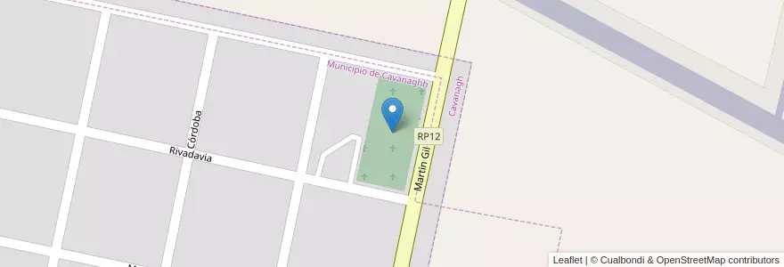 Mapa de ubicacion de Cementerio en Argentina, Córdoba, Departamento Marcos Juárez, Pedanía Caldera, Municipio De Cavanagh, Cavanagh.