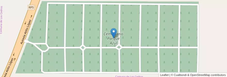 Mapa de ubicacion de Cementerio Parque Azul en Arjantin, Córdoba, Departamento Santa María, Pedanía Lagunilla, Comuna De Los Cedros.