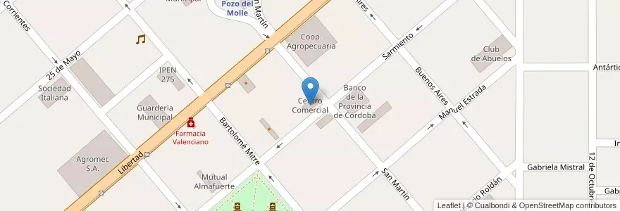 Mapa de ubicacion de Centro Comercial en Аргентина, Кордова, Departamento Río Segundo, Pedanía Calchín, Municipio De Pozo Del Molle, Pozo Del Molle.