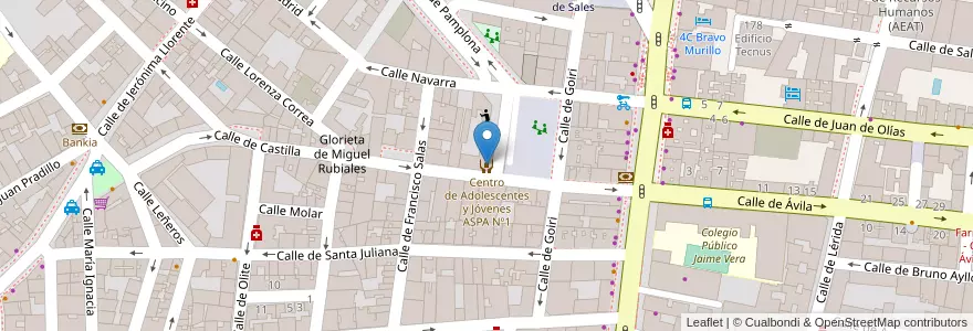 Mapa de ubicacion de Centro de Adolescentes y Jóvenes ASPA Nº1 en اسپانیا, بخش خودمختار مادرید, بخش خودمختار مادرید, Área Metropolitana De Madrid Y Corredor Del Henares, مادرید.