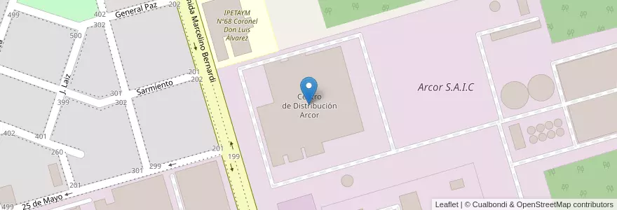 Mapa de ubicacion de Centro de Distribución Arcor en Arjantin, Córdoba, Departamento San Justo, Municipio Arroyito, Pedanía Arroyito, Arroyito.