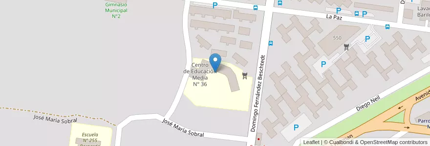 Mapa de ubicacion de Centro de Educación Media N° 36 en 아르헨티나, 칠레, 리오네그로주, Departamento Bariloche, Municipio De San Carlos De Bariloche, San Carlos De Bariloche.