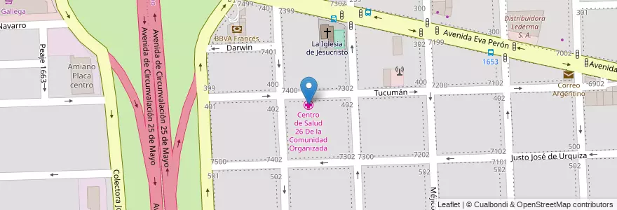 Mapa de ubicacion de Centro de Salud 26 De la Comunidad Organizada en Arjantin, Santa Fe, Departamento Rosario, Municipio De Rosario, Rosario.