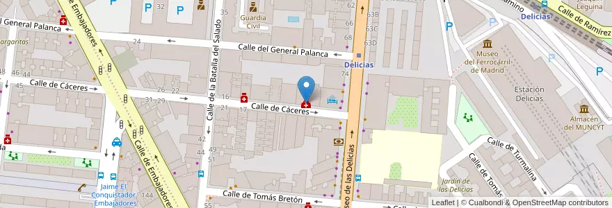 Mapa de ubicacion de Centro de Salud Cáceres en Spanje, Comunidad De Madrid, Comunidad De Madrid, Área Metropolitana De Madrid Y Corredor Del Henares, Madrid.