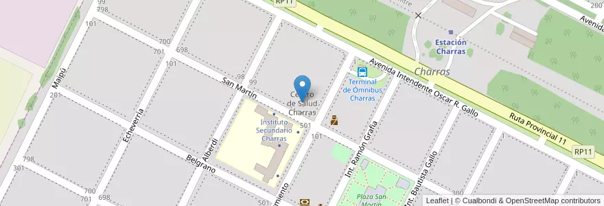 Mapa de ubicacion de Centro de Salud Charras en アルゼンチン, コルドバ州, Departamento Juárez Celman, Pedanía Chucul, Municipio De Charras, Charras.