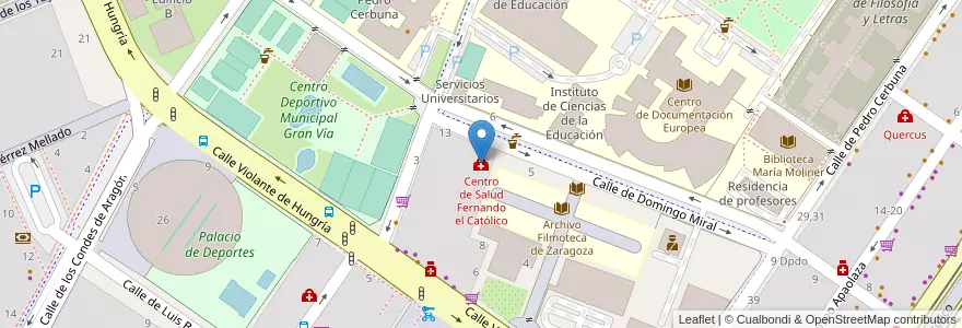 Mapa de ubicacion de Centro de Salud Fernando el Católico en スペイン, アラゴン州, サラゴサ, Zaragoza, サラゴサ.