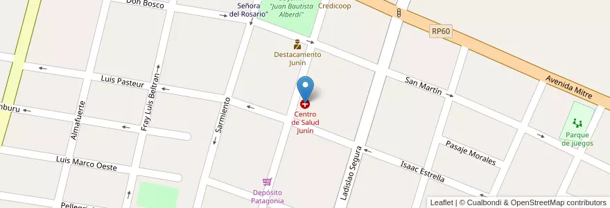 Mapa de ubicacion de Centro de Salud Junín en アルゼンチン, チリ, メンドーサ州, Departamento Junín, Distrito Ciudad.