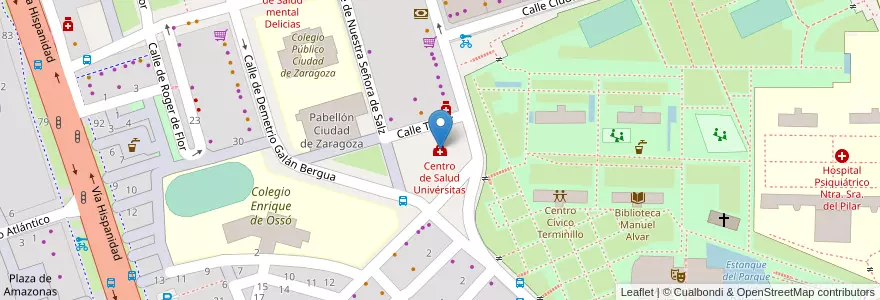 Mapa de ubicacion de Centro de Salud Univérsitas en スペイン, アラゴン州, サラゴサ, Zaragoza, サラゴサ.