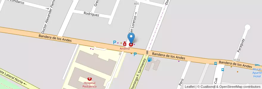 Mapa de ubicacion de Centro Medico Ambulatorio en Arjantin, Şili, Mendoza, Departamento Guaymallén, Distrito Nueva Ciudad.