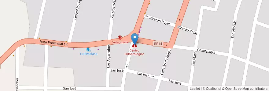 Mapa de ubicacion de Centro Odontologico en Argentina, Córdova, Departamento San Javier, Municipio De Villa De Las Rosas, Pedanía Rosas, Villa Las Rosas.