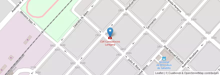 Mapa de ubicacion de CER Consultorios Laregina en アルゼンチン, ブエノスアイレス州, Partido De Saladillo, Saladillo.