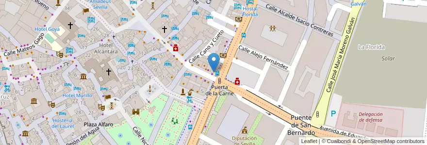 Mapa de ubicacion de Cervecería Puerta de la Carne en スペイン, アンダルシア州, Sevilla, セビリア.