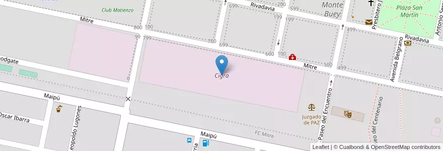 Mapa de ubicacion de Cigra en アルゼンチン, コルドバ州, Departamento Marcos Juárez, Pedanía Saladillo, Municipio De Monte Buey, Monte Buey.