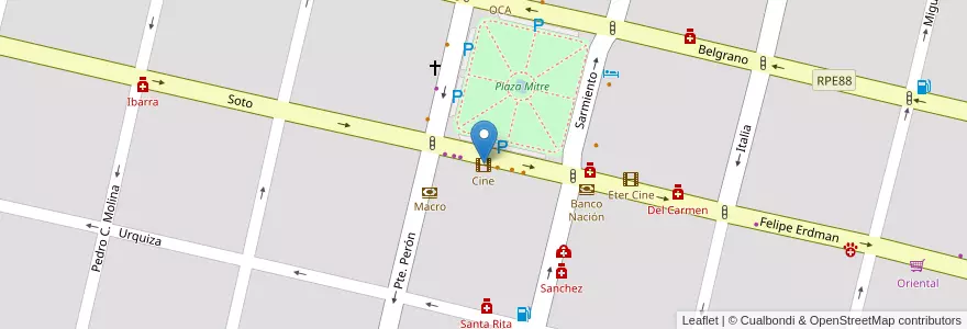 Mapa de ubicacion de Cine en アルゼンチン, コルドバ州, Departamento San Javier, Pedanía Dolores, Municipio De Villa Dolores, Villa Dolores.