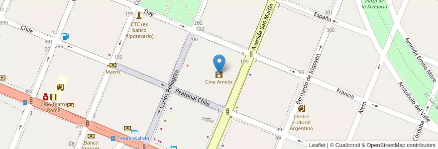 Mapa de ubicacion de Cine Amelix en アルゼンチン, チリ, メンドーサ州, San Rafael, Distrito Ciudad De San Rafael, Departamento San Rafael.