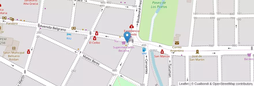 Mapa de ubicacion de Cinema Center Alta Gracia en 阿根廷, Córdoba, Departamento Santa María, Pedanía Alta Gracia, Municipio De Alta Gracia, Alta Gracia.