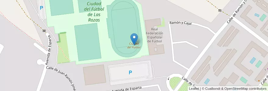 Mapa de ubicacion de Ciudad del Fútbol en اسپانیا, بخش خودمختار مادرید, بخش خودمختار مادرید, Área Metropolitana De Madrid Y Corredor Del Henares, Las Rozas De Madrid.