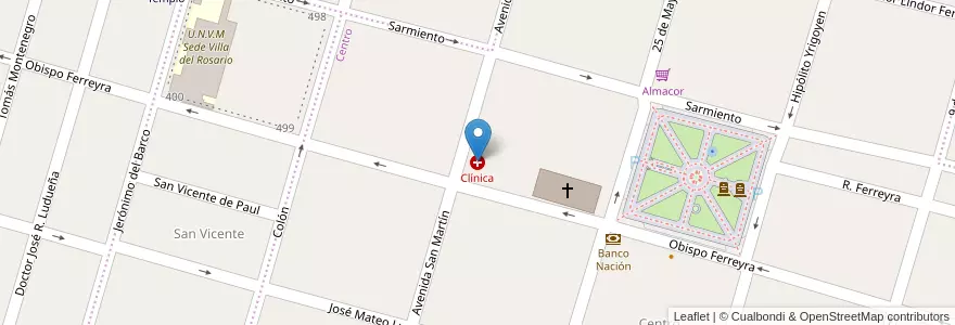 Mapa de ubicacion de Clínica en Аргентина, Кордова, Departamento Río Segundo, Pedanía Villa Del Rosario, Municipio De Villa Del Rosario, Villa Del Rosario.