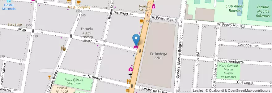 Mapa de ubicacion de Clínica Arizu en アルゼンチン, チリ, メンドーサ州, Godoy Cruz, Departamento Godoy Cruz, Distrito Ciudad De Godoy Cruz.