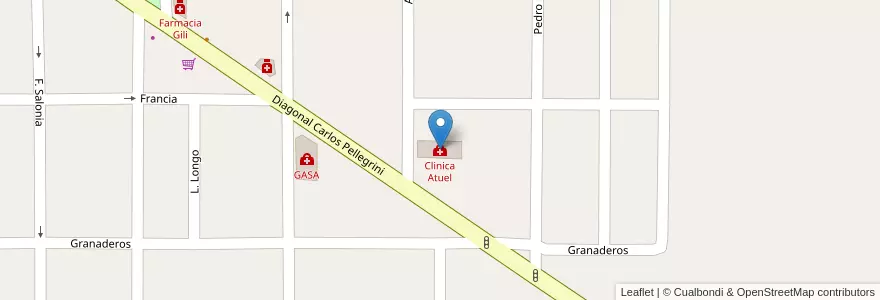 Mapa de ubicacion de Clinica Atuel en Arjantin, Mendoza, General Alvear, Distrito Ciudad De General Alvear.