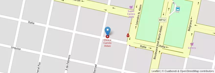 Mapa de ubicacion de Clínica Camilo Aldao en Argentinien, Provinz Córdoba, Departamento Marcos Juárez, Pedanía Liniers, Municipio De Camilo Aldao, Camilo Aldao.