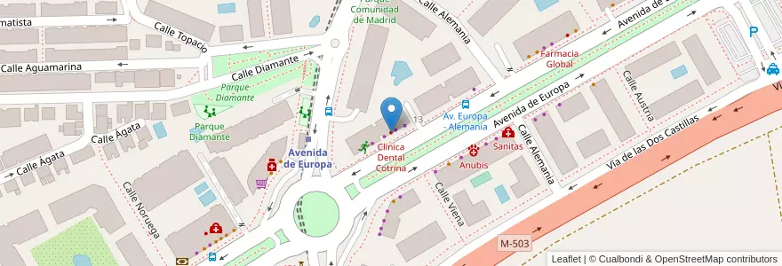 Mapa de ubicacion de Clínica Dental Cotrina en إسبانيا, منطقة مدريد, منطقة مدريد, Área Metropolitana De Madrid Y Corredor Del Henares, Pozuelo De Alarcón.