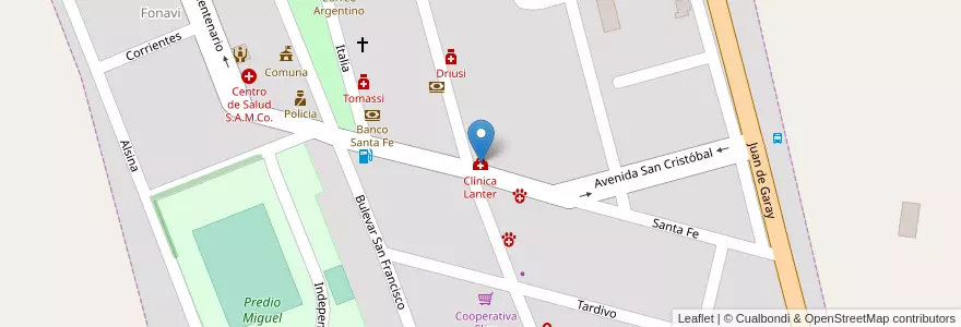 Mapa de ubicacion de Clínica Lanter en الأرجنتين, سانتا في, Departamento Las Colonias, Municipio De Elisa, Elisa.