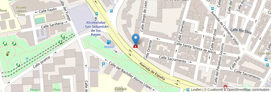 Mapa de ubicacion de Clínica Madrid en إسبانيا, منطقة مدريد, منطقة مدريد, Área Metropolitana De Madrid Y Corredor Del Henares, ألكوبينداس.