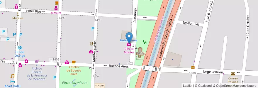 Mapa de ubicacion de Clínica Montes en アルゼンチン, チリ, メンドーサ州, Departamento Capital, Ciudad De Mendoza, Sección 3ª Parque O'Higgins.