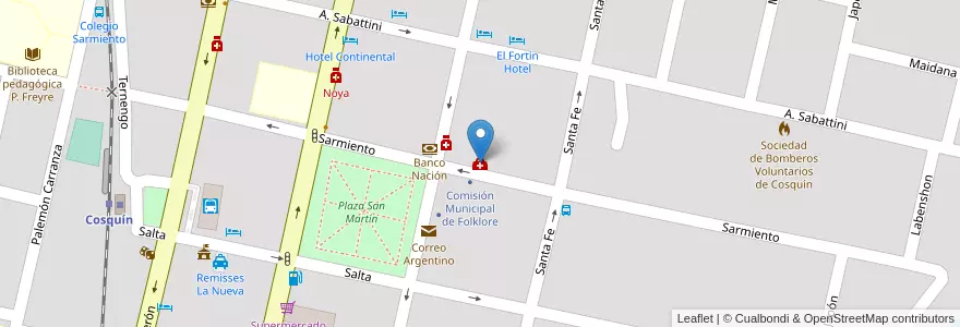 Mapa de ubicacion de Clínica Privada Sarmiento en Argentinië, Córdoba, Departamento Punilla, Pedanía Rosario, Municipio De Cosquín, Cosquín.