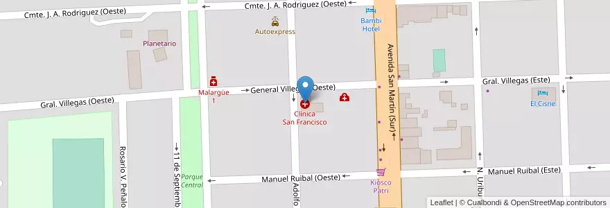 Mapa de ubicacion de Clínica San Francisco en アルゼンチン, チリ, メンドーサ州, Departamento Malargüe, Distrito Ciudad De Malargüe.