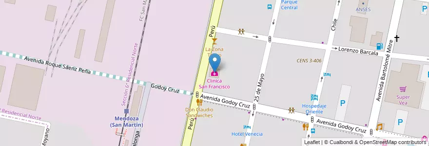Mapa de ubicacion de Cliníca San Francisco en アルゼンチン, チリ, メンドーサ州, Departamento Capital, Ciudad De Mendoza.