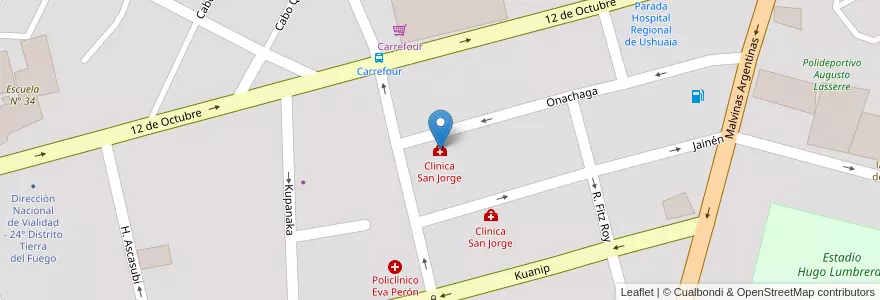 Mapa de ubicacion de Clinica San Jorge en Argentina, Departamento Ushuaia, Chile, Tierra Del Fuego, Ushuaia.