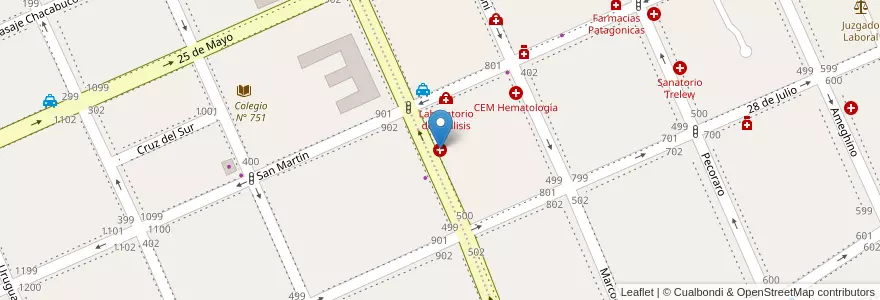 Mapa de ubicacion de Clinica San Miguel en Argentina, Chubut, Trelew, Departamento Rawson.