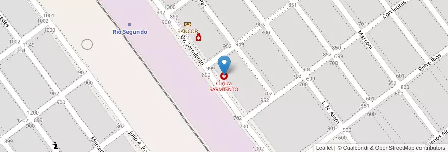 Mapa de ubicacion de Clinica SARMIENTO en アルゼンチン, コルドバ州, Departamento Río Segundo, Pedanía Pilar, Municipio De Río Segundo, Río Segundo.