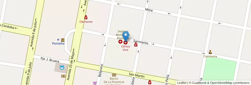 Mapa de ubicacion de Clinica Vivir en 아르헨티나, Córdoba, Departamento San Justo, Pedanía Libertad, Municipio De Porteña.