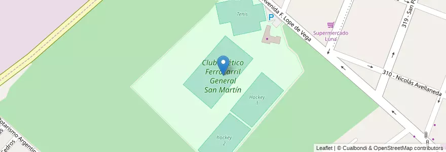 Mapa de ubicacion de Club Atlético Ferrocarril General San Martín en Argentine, Province De Buenos Aires, Partido De Tres De Febrero, Villa Raffo.