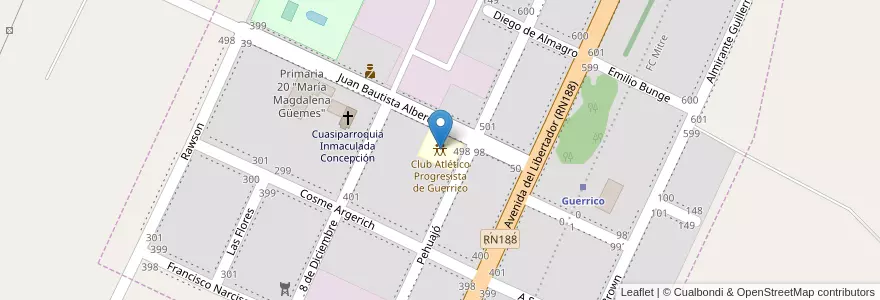Mapa de ubicacion de Club Atlético Progresista de Guerrico en アルゼンチン, ブエノスアイレス州, Partido De Pergamino, Guerrico.